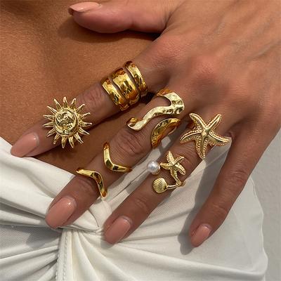 Vintage Boho Shell Pearl Starfish Open Rings For Women New Trendy Gold Color Irregular Geometric Knuckle Ring Party Jewelry Gift
