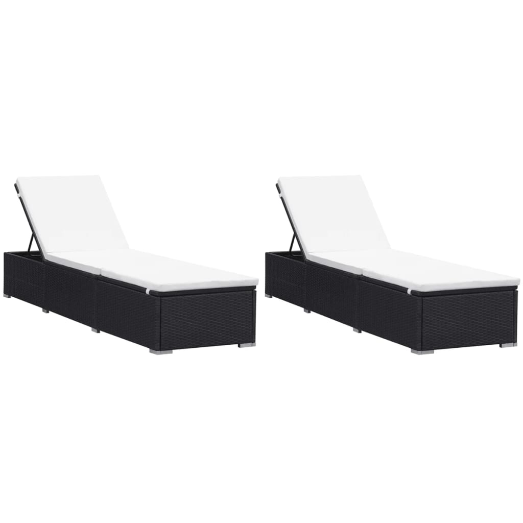 Vidaxl Liegestühle mit Kissen, 2 Stück, Polyrattan, Schwarz
