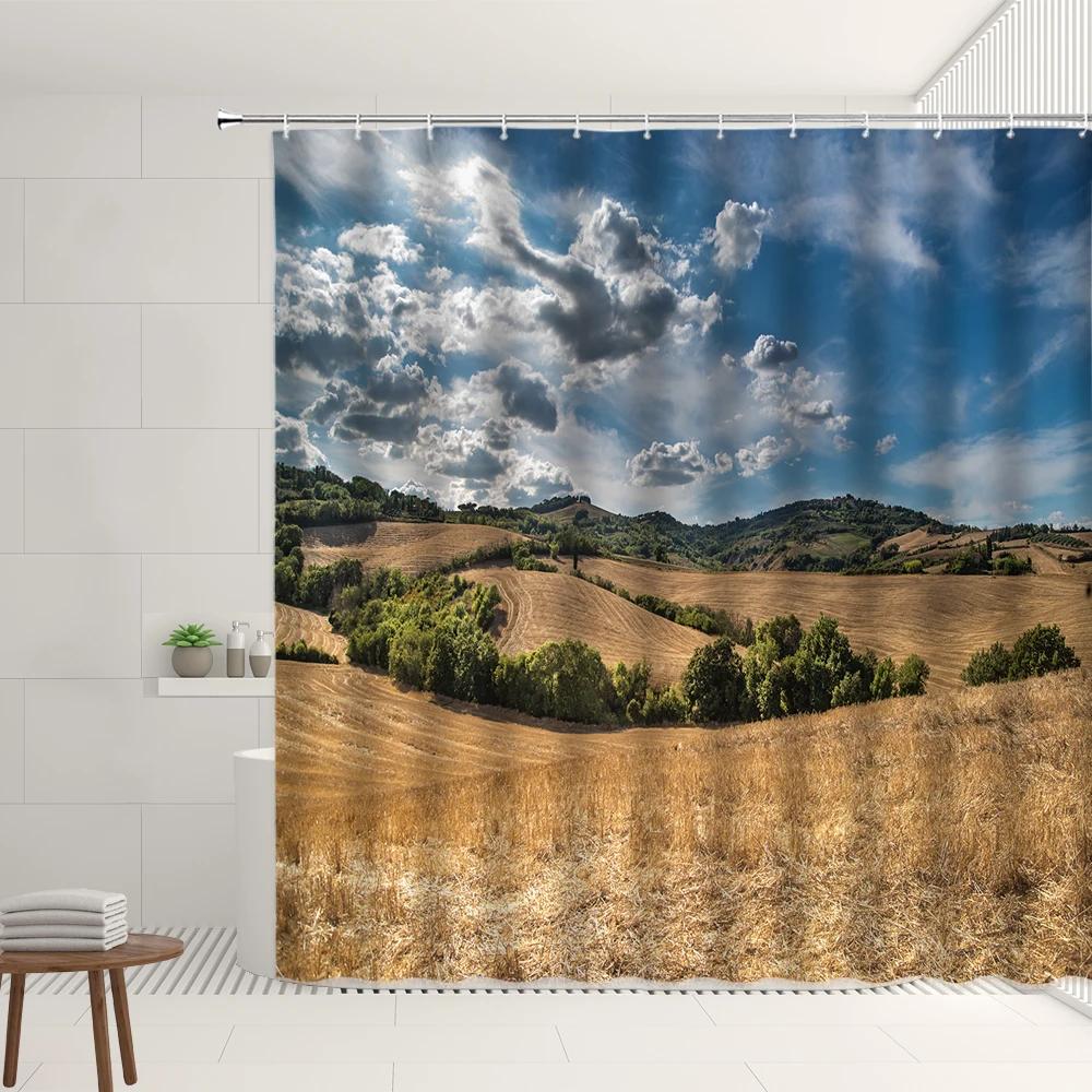 Natural Scenery Shower Curtain Set Mirror Lake Forest Grassland Mountain Kid Flying A Kite Home Bathroom Decor Hanging Curtains