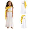 Kids Girls Greek Toga Costume with Shawl Gold Trim Metallic Waist Sleeveless Back Zip Dress for Halloween Themed Cosplay