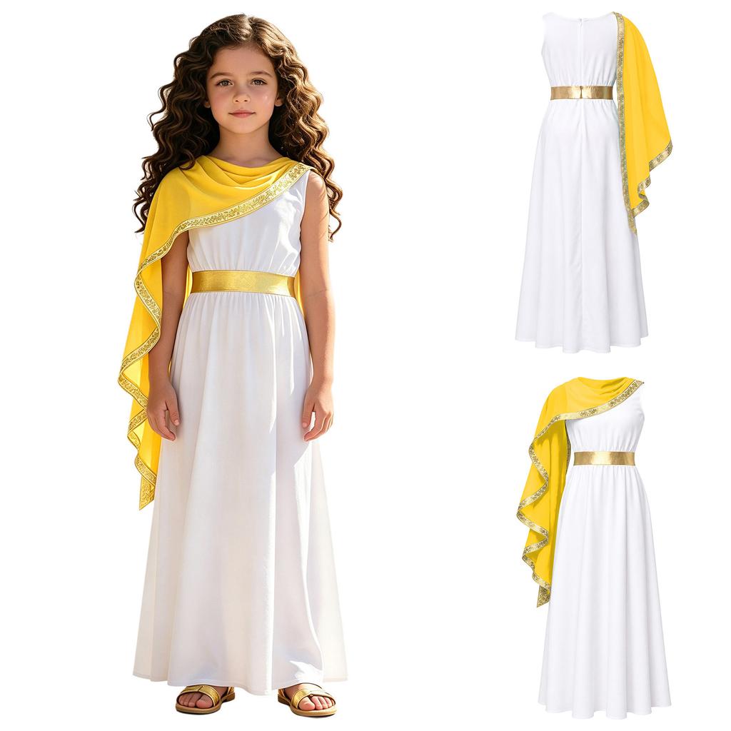 Kids Girls Greek Toga Costume with Shawl Gold Trim Metallic Waist Sleeveless Back Zip Dress for Halloween Themed Cosplay