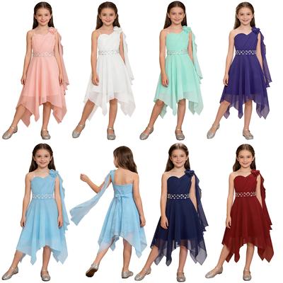 Jenter Elegant Rynket Applikasjon Festkjole Én skulder Asymmetrisk kant Chiffonkjole Skinnende Perlebelte