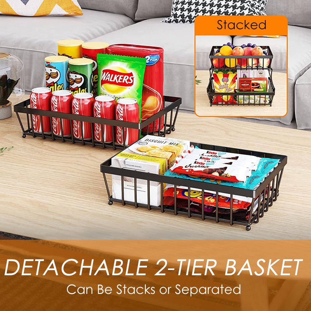 2-Layer Metal Fruit Basket, Countertop Storage Rack for Kitchen, Bathroom, Living Room - Detachable, Black