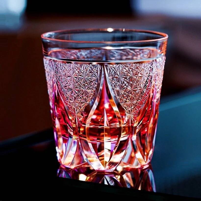 

Upscale Pink Crystal Wine Glass Edo Kiriko Whisky Cup Hand Carving Flame Pattern Water Glass Liquor Brandy Snifter Top Present 360ml