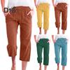 Women Cropped Pants Mid-rise Elastic Waist Adjustable Drawstring Casual Pants with Pockets Loose Fit Summer Pants