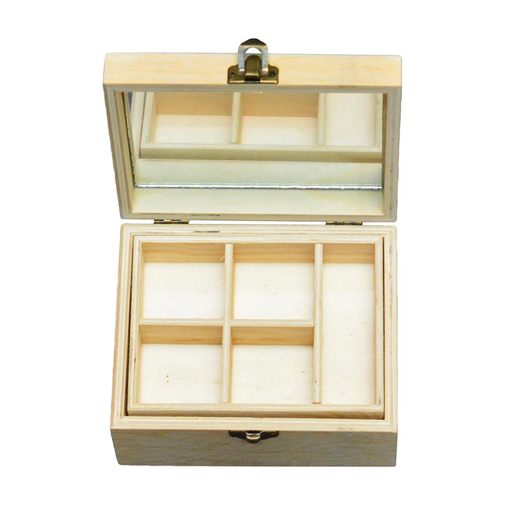 Plain Wooden Jewelry Case with Mirror and Removable Tray Multipurpose Storage Box for Beads Crochet Accessories and DIY Crafts
