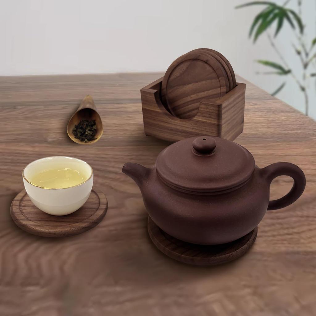 LANGYU Stylish Wooden Coasters, Set of 6, with Storage Case, Natural Walnut Wood Round Coasters, Waterproof, Non-Slip, Insulated Cup Pads, Suitable