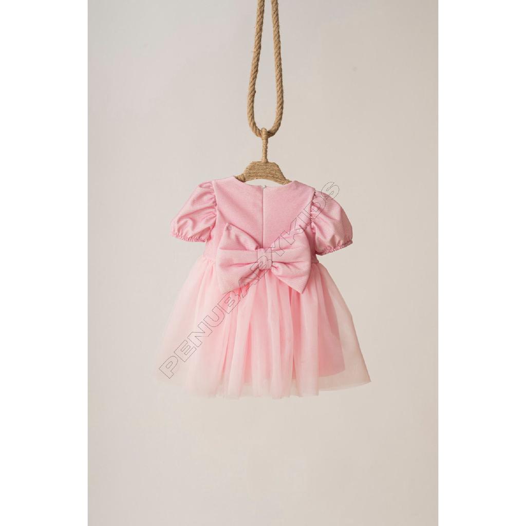 Rosa kurze Ballon-Stoffärmel, detailliertes Tutu-Tutu-Kleid für Babymädchen