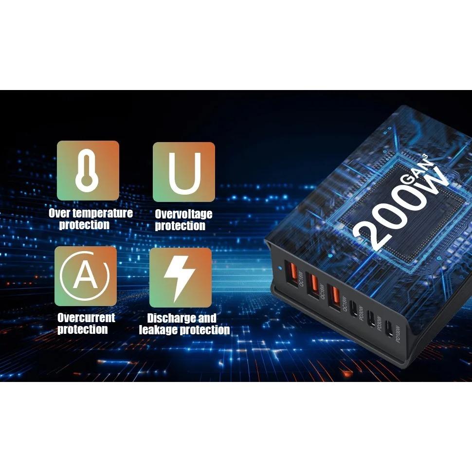 Stație de încărcare rapidă GaN 200W cu 6 porturi, încărcător USB C, încărcare rapidă QC PD 3.0, încărcător rapid Type C pentru IPhone 16/15/14/13 Pro MacBook