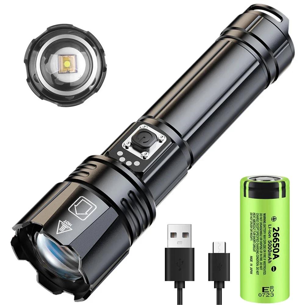 Powerful LEP Flashlight USB Rechargeable Zoomable Emergency Torch Super Bright Spotlight Long Range Tactical Camping Lantern