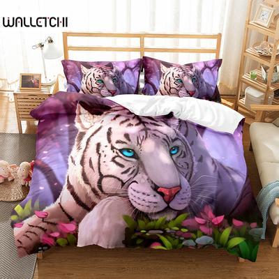Tiger Duvet Cover Set Purple Flower Comforter Cover Boys African Safari Wild Animals Big Cat Queen King Polyester Quilt Cover