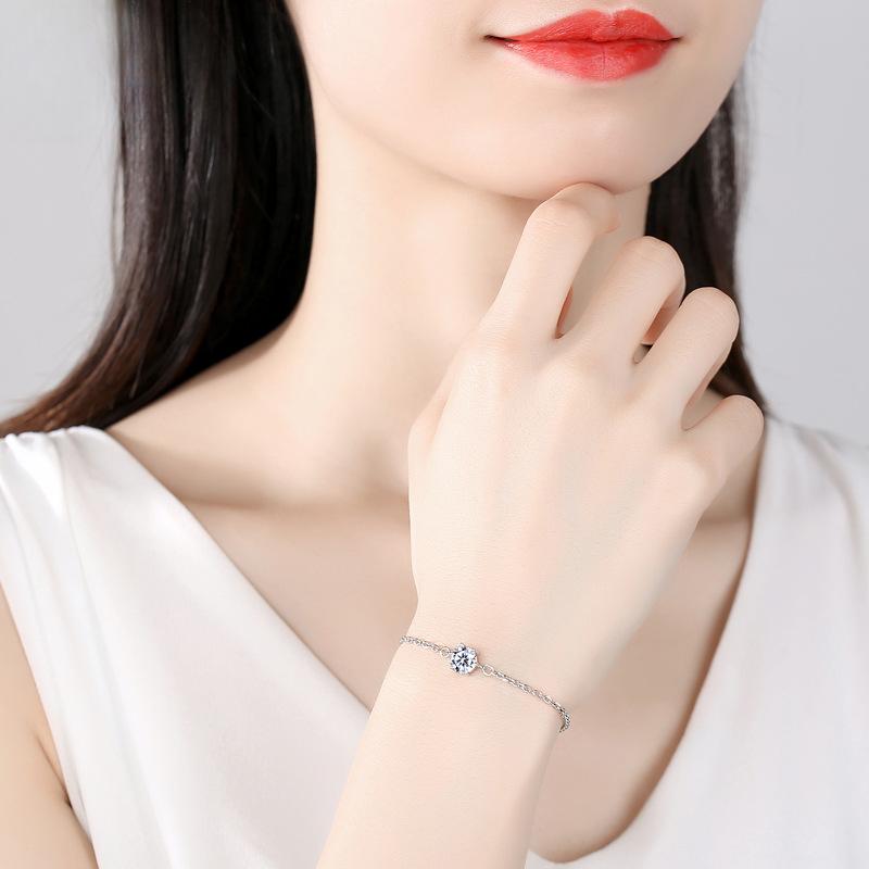 S925 Sterling Silver Bracelet for Women, Korean Style Versatile Classic Six-claw Moissanite Bracelet, Empty Silver Ornaments