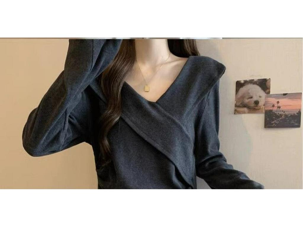 Plus Size Women's Retro Collar Irregular Long Sleeve T-Shirt - Autumn/Winter Slimming Waist Chic Top