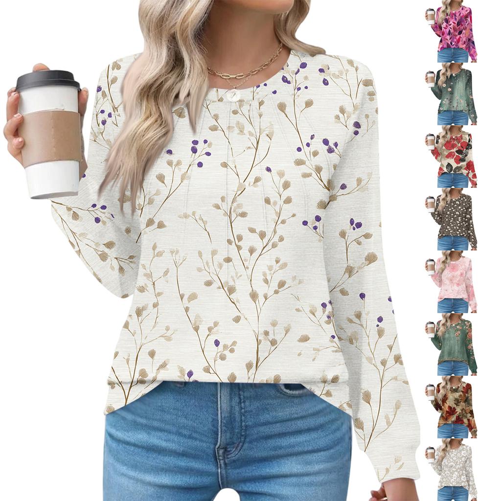 Women's Fashionable Casual Floral Retro Print Pleated Comfortable Round Neck Loose Long Sleeve T-shirt Top