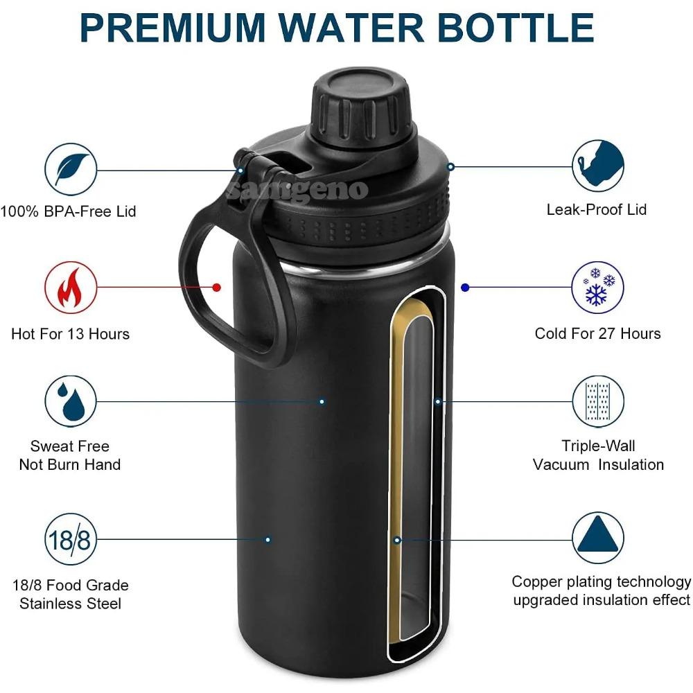 Bouteille d'eau de sport isotherme sous vide en acier inoxydable 1000 ml avec couvercle de voyage 100% étanche, avec poignée de survie en paracorde, 32 oz