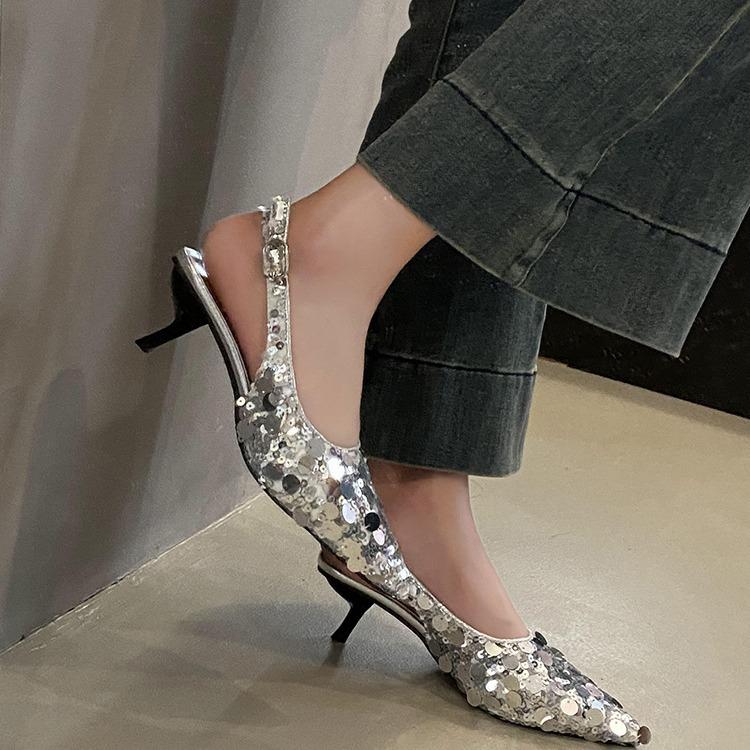 French Niche High Heels Silver Bag Head Sandals Shoes New Spring and Summer Pointed Single Shoes Summer New