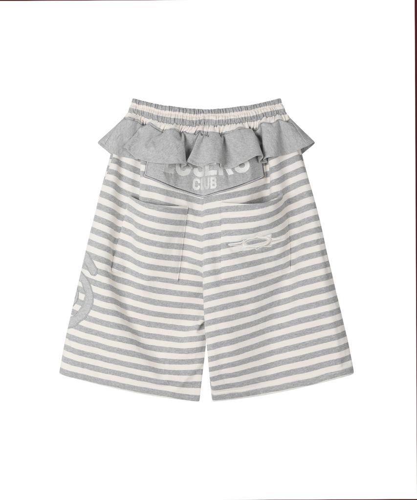 Lujeoseukeulleob [Jamaehwa] Frill Layered Striped Bermuda Sweatpants Gray