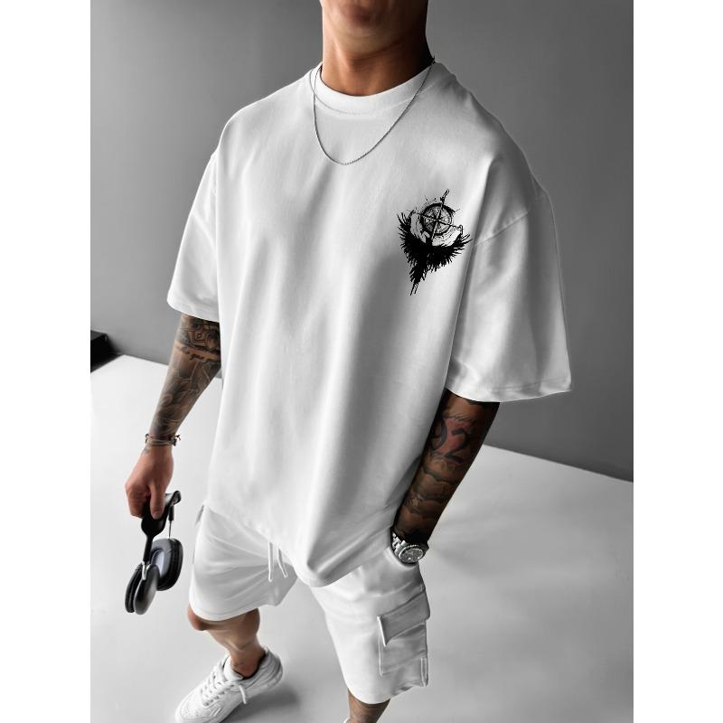 European sizes Men's Y2K Compass & Raven Print T-Shirt - Loose Fit Round Neck Short Sleeve Summer Top, Breathable Casual Shirt Suitable