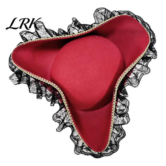 Pirate Theme Party Hat Halloween Hat, Captain Costume Accessory, with Burgundy Lace Gothic And Feathered Decor, Lightweight Vintage Style Buccaneer A