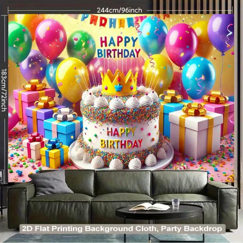2D Happy Birthday Backdrop Colorful Cake Balloon Photography Background