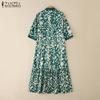 ZANZEA Women Casual Turn Down Collar Loose 3/4 Sleeve Retro Print Long Dress