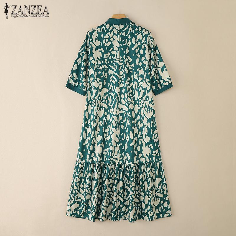 ZANZEA Women Casual Turn Down Collar Loose 3/4 Sleeve Retro Print Long Dress