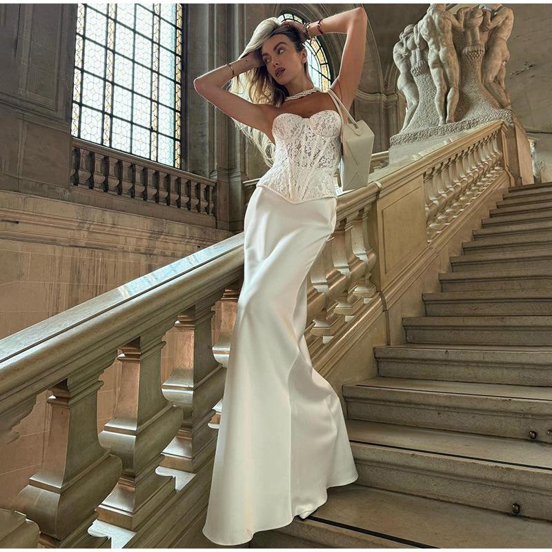 Elegant Lace Strapless Tops Set Women Solid Color Sleeveless Zipper Tube Top Hip Package Split Lady Skirt Summer Suit