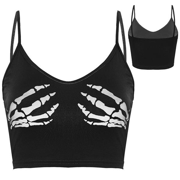 

Женщины Скелет Череп Ручная печать Танк Топ Жилет Без рукавов Cami Crop Top