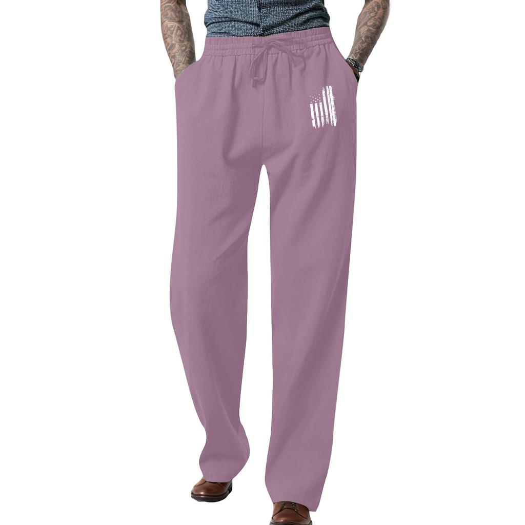 Men's Loose Casual Cotton Linen Trousers Elastic Tie Printed Straight Pants