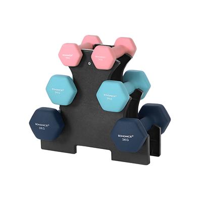 SONGMICS Hex Dumbbells Set with Stand - 2 X 1 Kg, 2 X 2 Kg, 2 X 3 Kg, Neoprene Matte Finish, Hand Weights for Home Exercise, Pink, Aqua, and Blue
