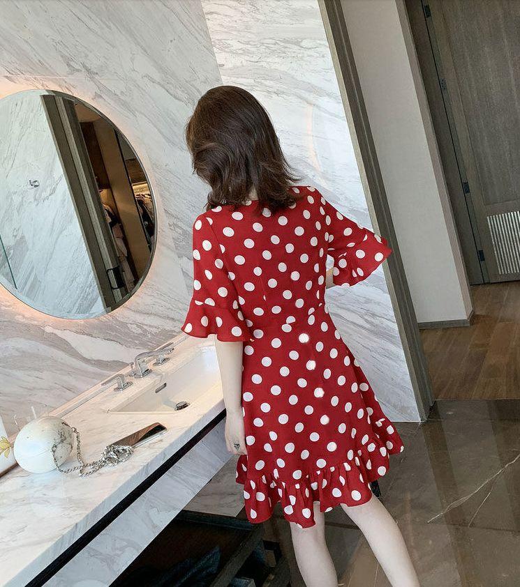 Summer new medium and long V-neck polka dot ruffle edge waist dress women's retro slim skirt