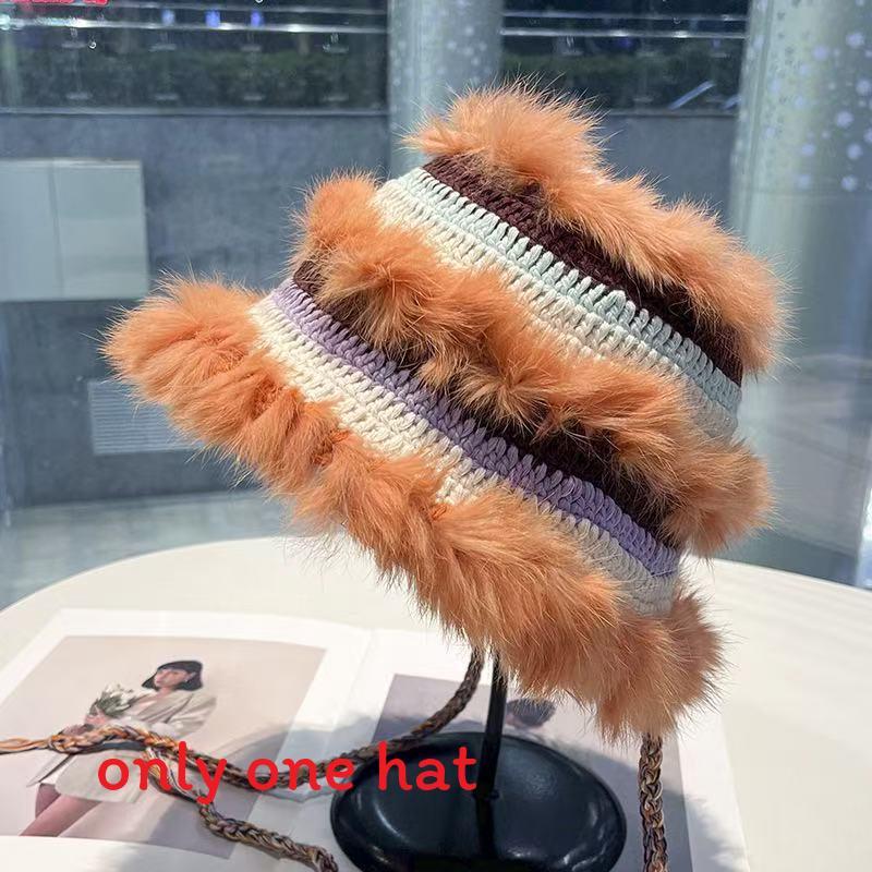 Cartoon Style Wool Beanie With Plush Fur Material And Adjustable Fit For Casual Wear