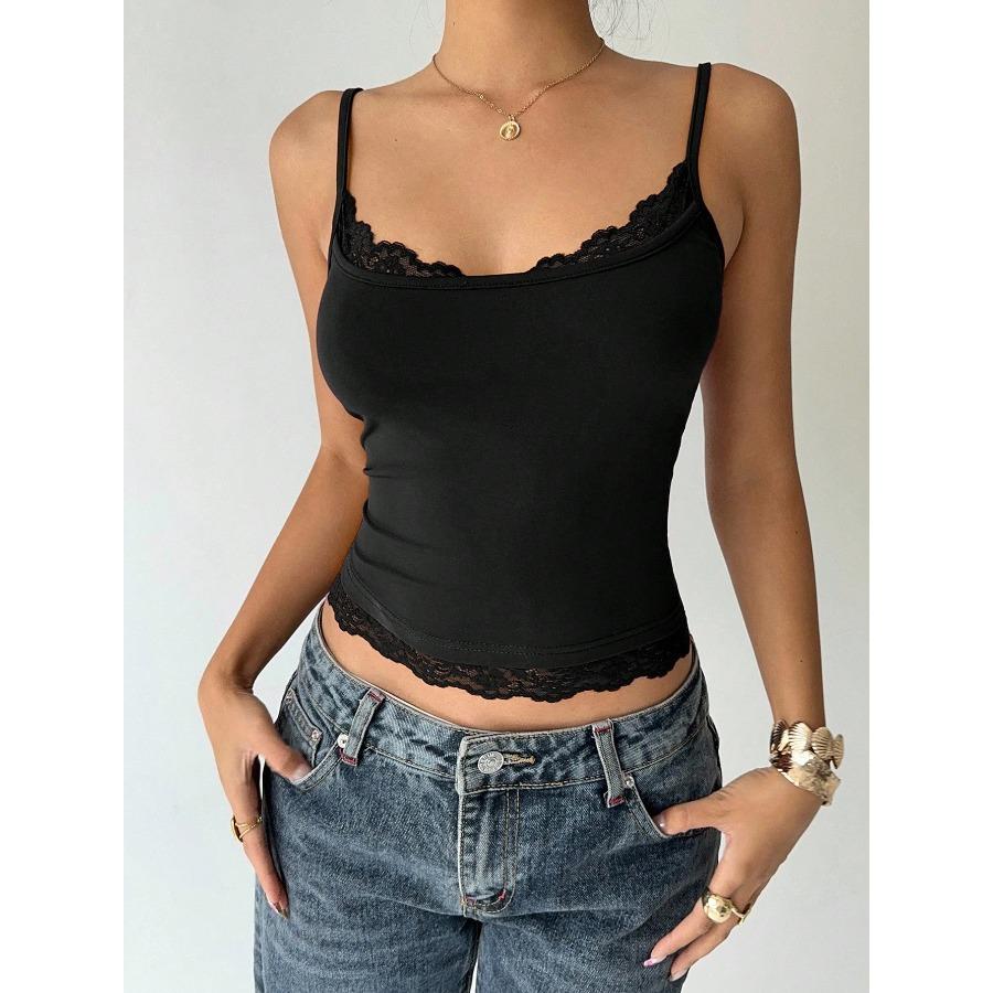 Top Canotta da Donna Sexy con Bordi in Pizzo, Scollo a U, Colore Unito Base, Vestibilità Aderente, Spalline Sottili, Schiena Scoperta, Crop Top, Primavera/Estate 2026