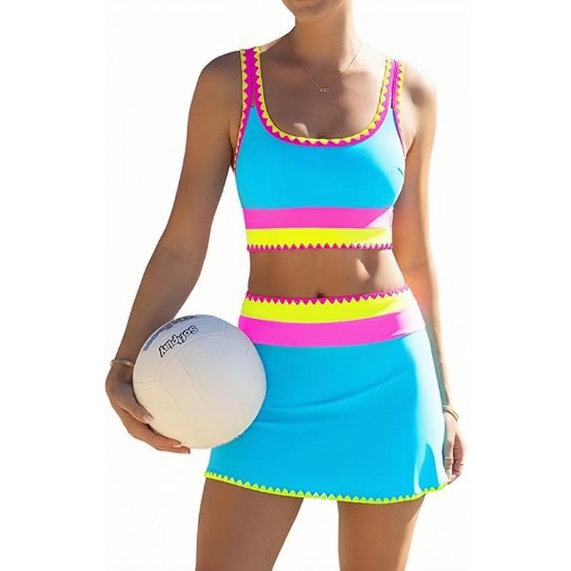 Women High Waist Color Block Three Piece Split Bikini Cover Up Vacation Swimwear