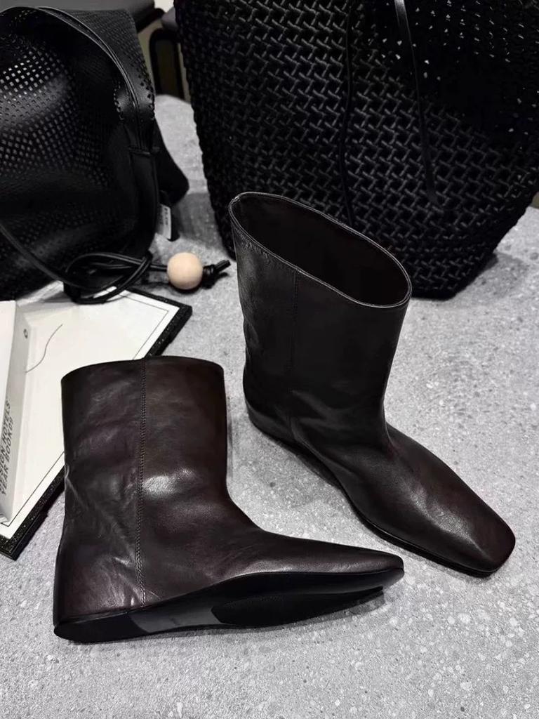 Cowhide version~ retro niche square head inner height-increasing sleeve short boots women's autumn and winter mid-tube boots Chelsea Martin boots