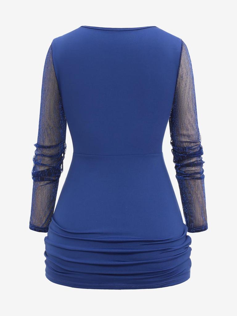 Rosegal Plus Size Star Chain Panel Ruffle Tie Ruched Glitter Mesh T-shirt