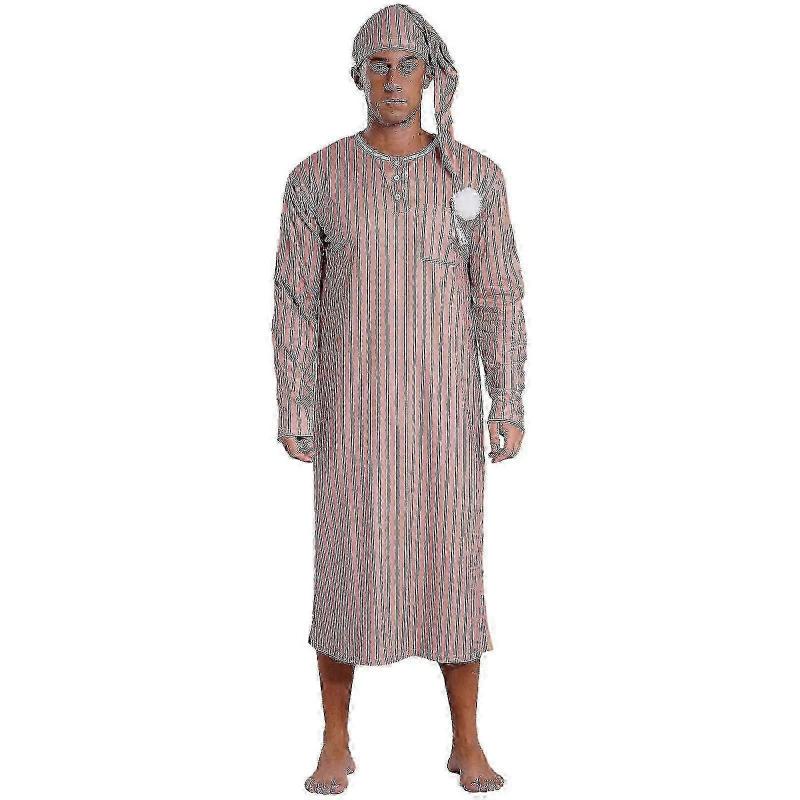 suitable for Men's Henley Sleep Shirt Nightgown Striped Big&Tall Long Sleeve Nightshirt with Night Hat-jcv