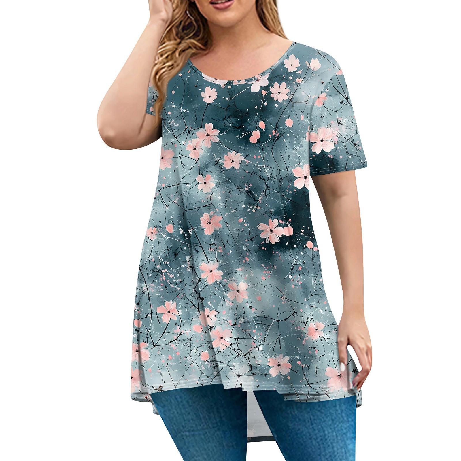 

Женская мода большого размера с круглым вырезом и коротким рукавом, повседневный свободный пуловер с принтом XXXXXL розовый