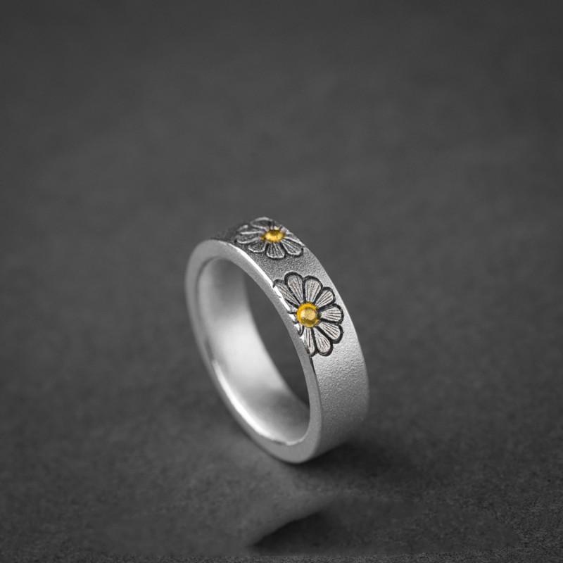 Adjustable Open Ring With Daisy Floral Design Vintage Boho Style Plated Copper Womens Fashion Jewelry
