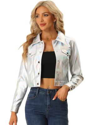 Allegra K Women's Silver Biker Jacket, Long Sleeve, Holographic Shiny Metallic, Button-Down, with Collar, Size M