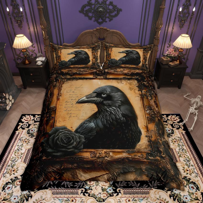 Homewish Happy Halloween Duvet Cover Set Retro Crow Bedding Set Botanical Plant Quilt Cover Set