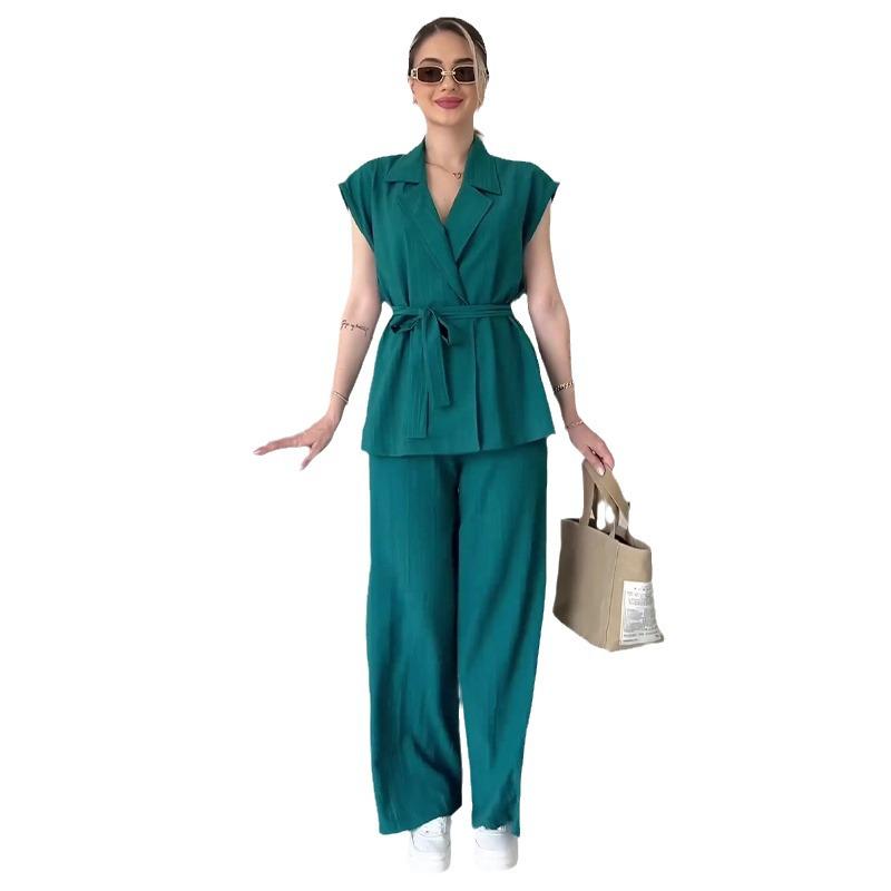 2024 Summer Women's Solid Color Lapel Waist-Tie Top & Commuting Long Pants Set