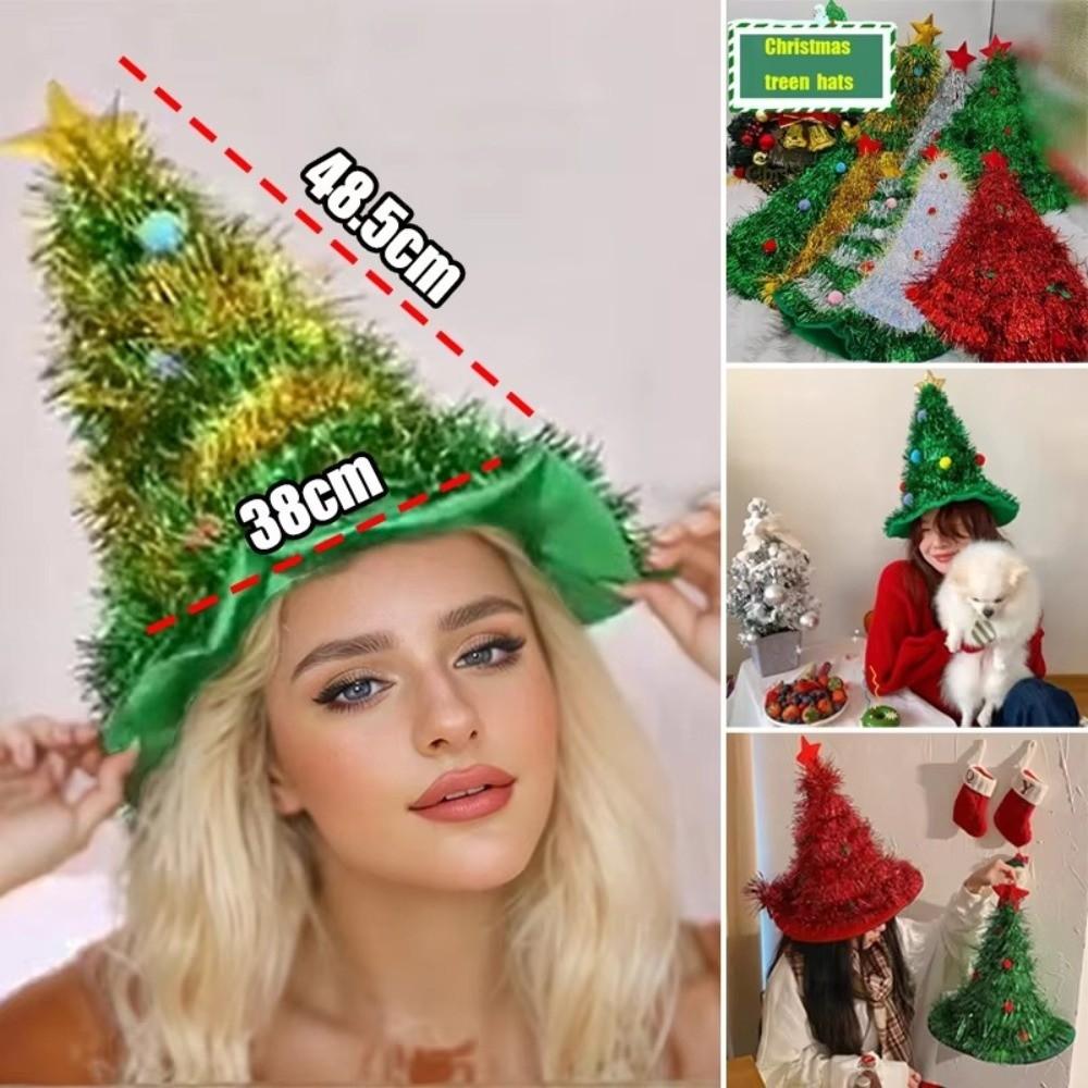 New Design Shiny Tinsel Colorful Poms Christmas Tree Hat Festival Party Supplies Role-Playing Costume Hat Headwear Photo Props