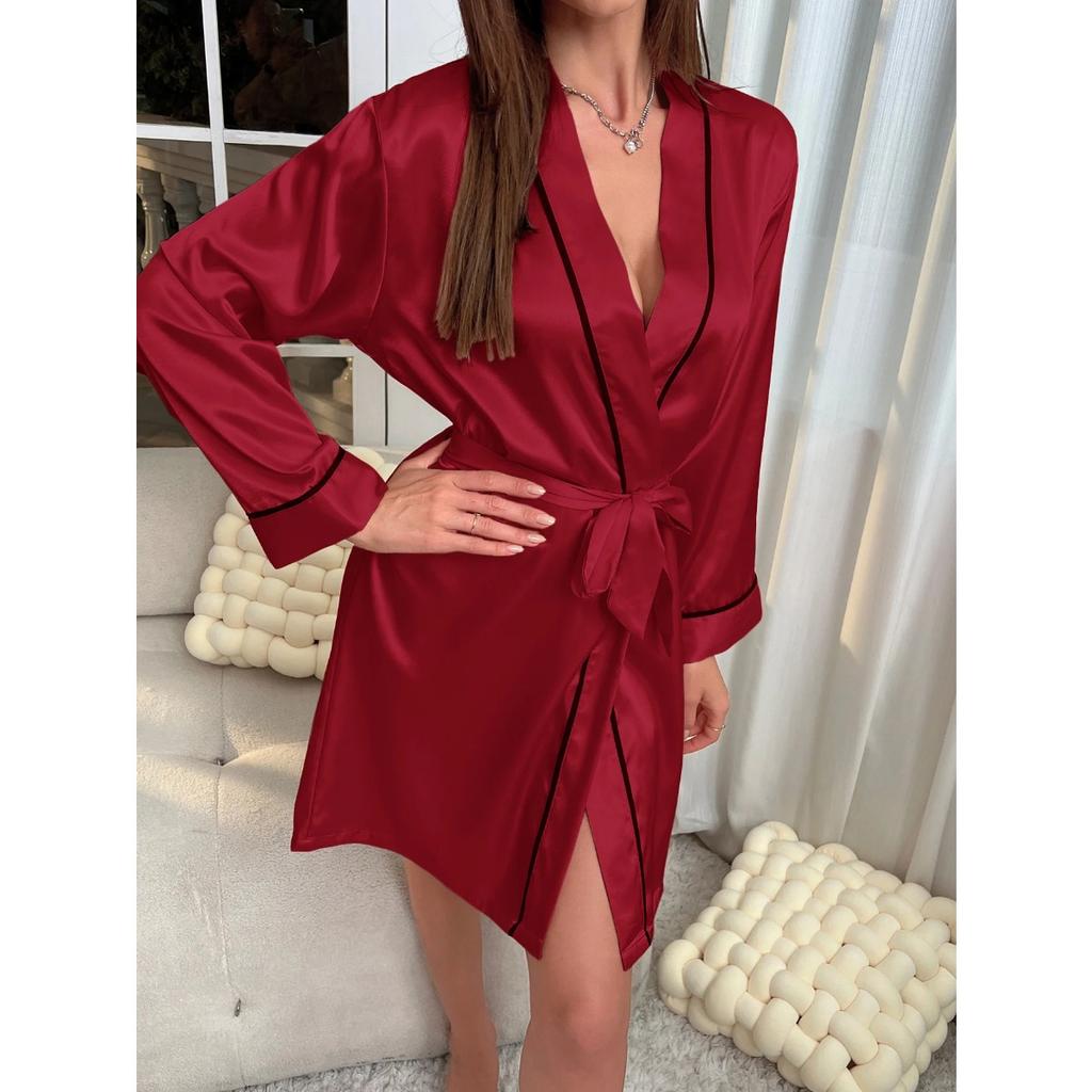 Simple Satin Night Robe Elegant V Neck Long Sleeve House Robe with Belt  Women's Sleepwear