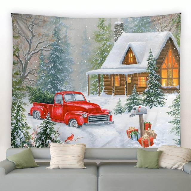 Snowman Christmas Tapestry Winter Pine Tree Snowflake Birds Forest Park Landscape Xmas Wall Hanging Home Living Room Decor Mural