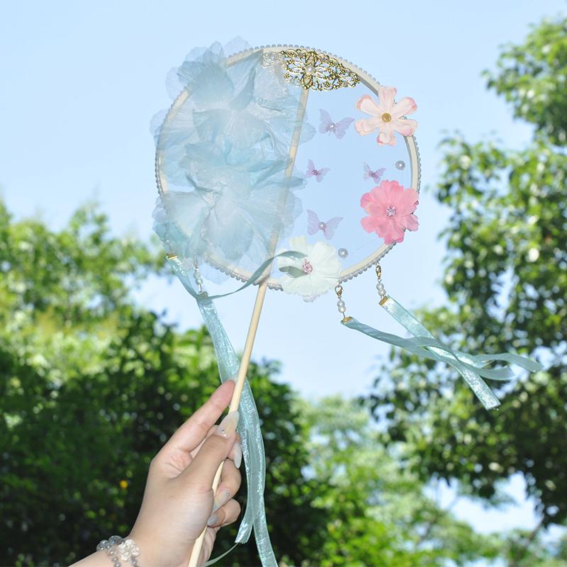 Taneční vějíř - Ručně vyšívaný vějíř s třásněmi pro Hanfu a dětský tanec