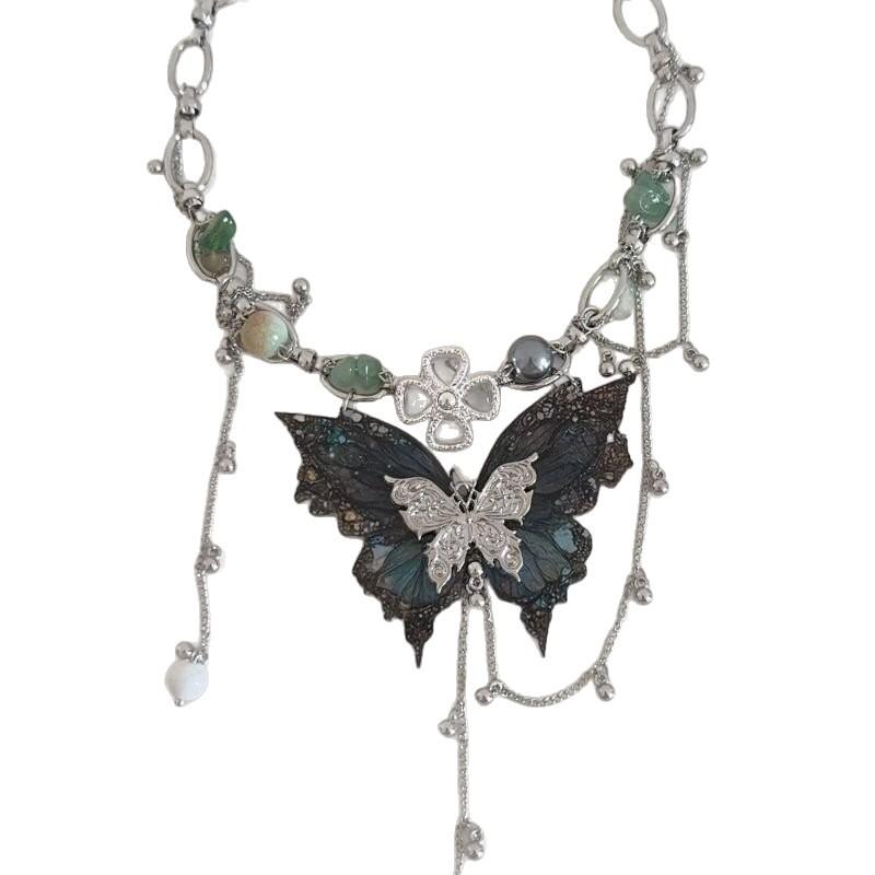 New Trendy and Cool Spice Girl Double-layer Butterfly Necklace Women's Cold Feeling Niche Collarbone Chain Exquisite Choker Neck Chain