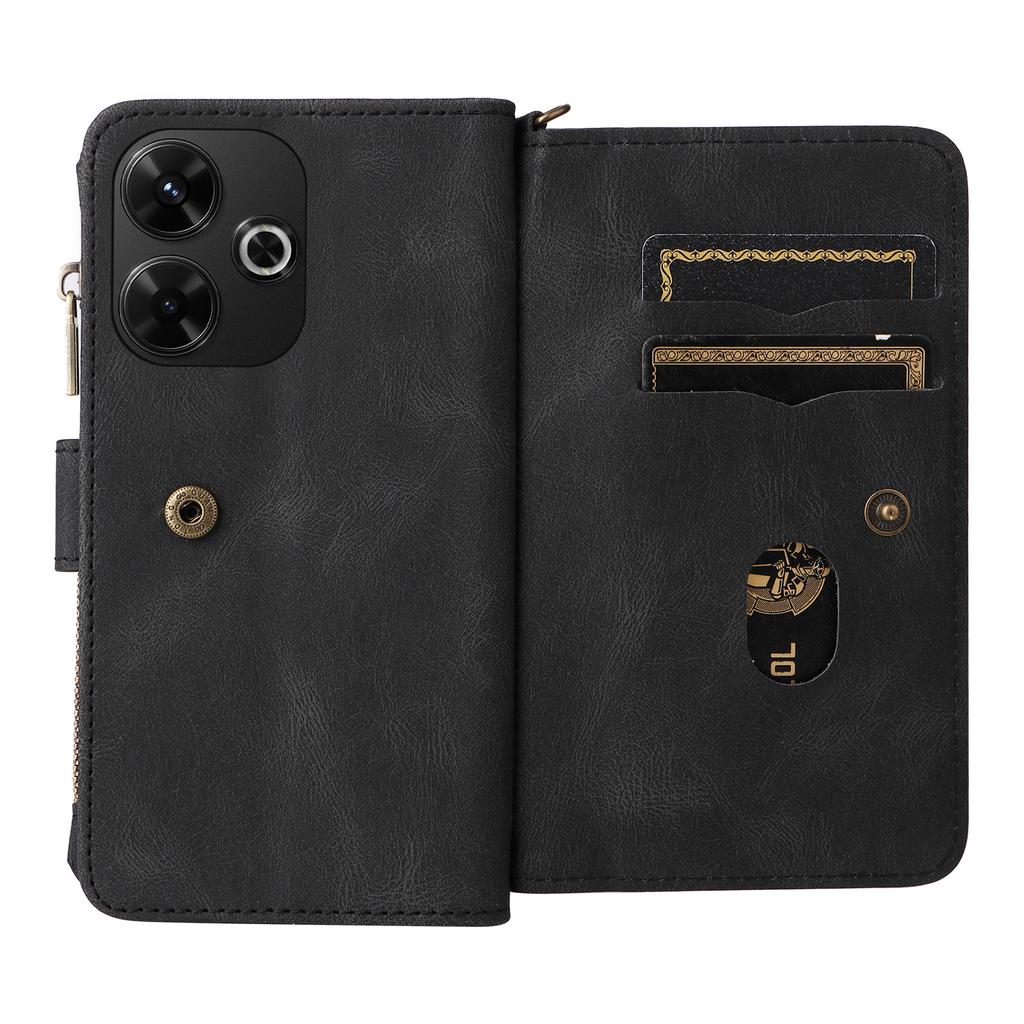 Husă Portofel cu Fermoar pentru Xiaomi Redmi 13 5G/13 4G/Note 13R 5G cu 15 Sloturi pentru Carduri și Curea, Husă de Telefon din Piele