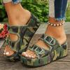 Women's Denim Camouflage Wedge Sandals, Buckle Design Open Toe Summer Shoes, Casual Outdoor Vacation Beach Slide Sandals
