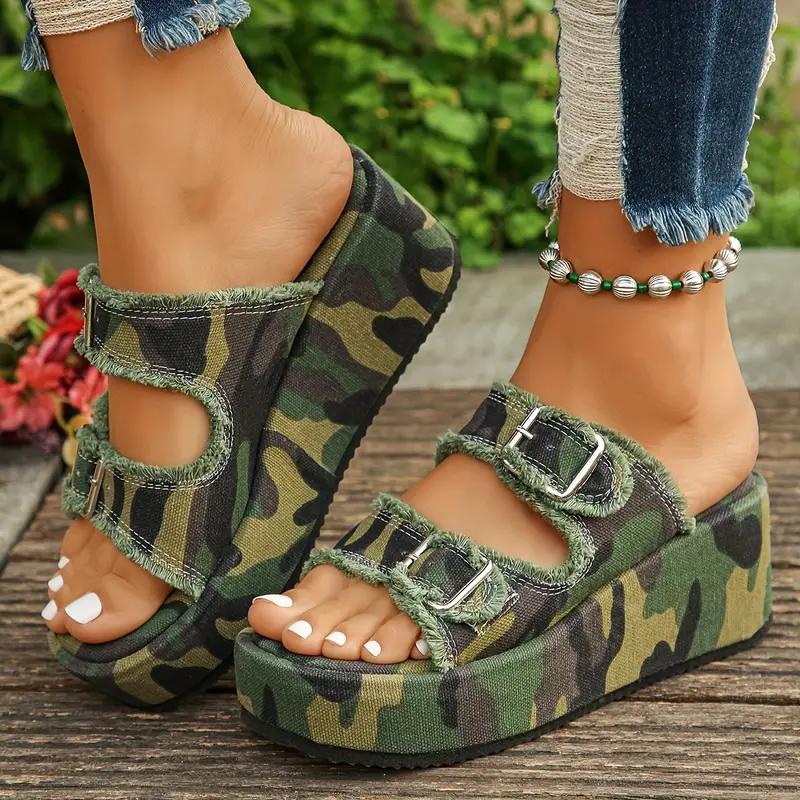Women's Denim Camouflage Wedge Sandals, Buckle Design Open Toe Summer Shoes, Casual Outdoor Vacation Beach Slide Sandals